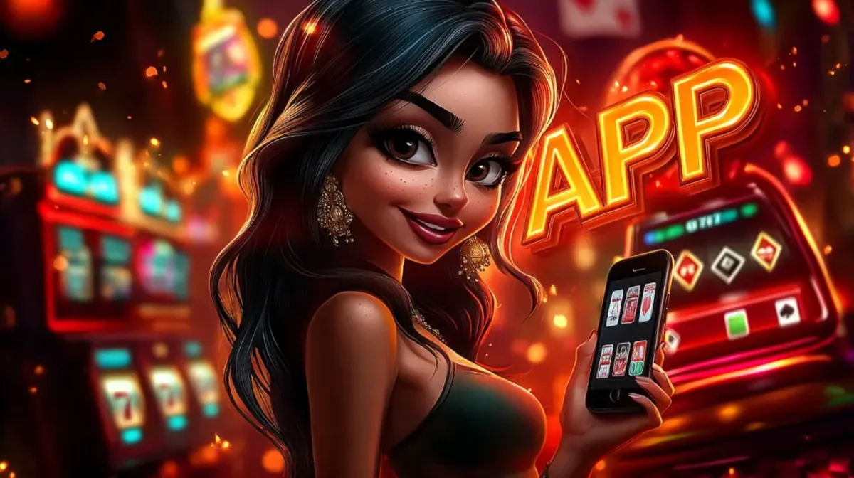 A charming, big-eyed cartoon woman smiles while holding a smartphone with a card game APP open, set against a warmly lit, red-hued casino background.