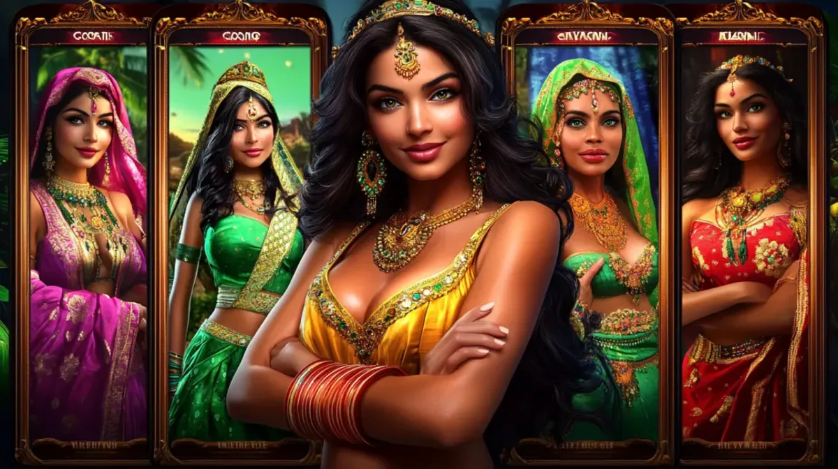 A showcase of game characters featuring five beautiful women in colorful, traditional Indian attire and jewelry, each presented in an ornate portrait frame.
