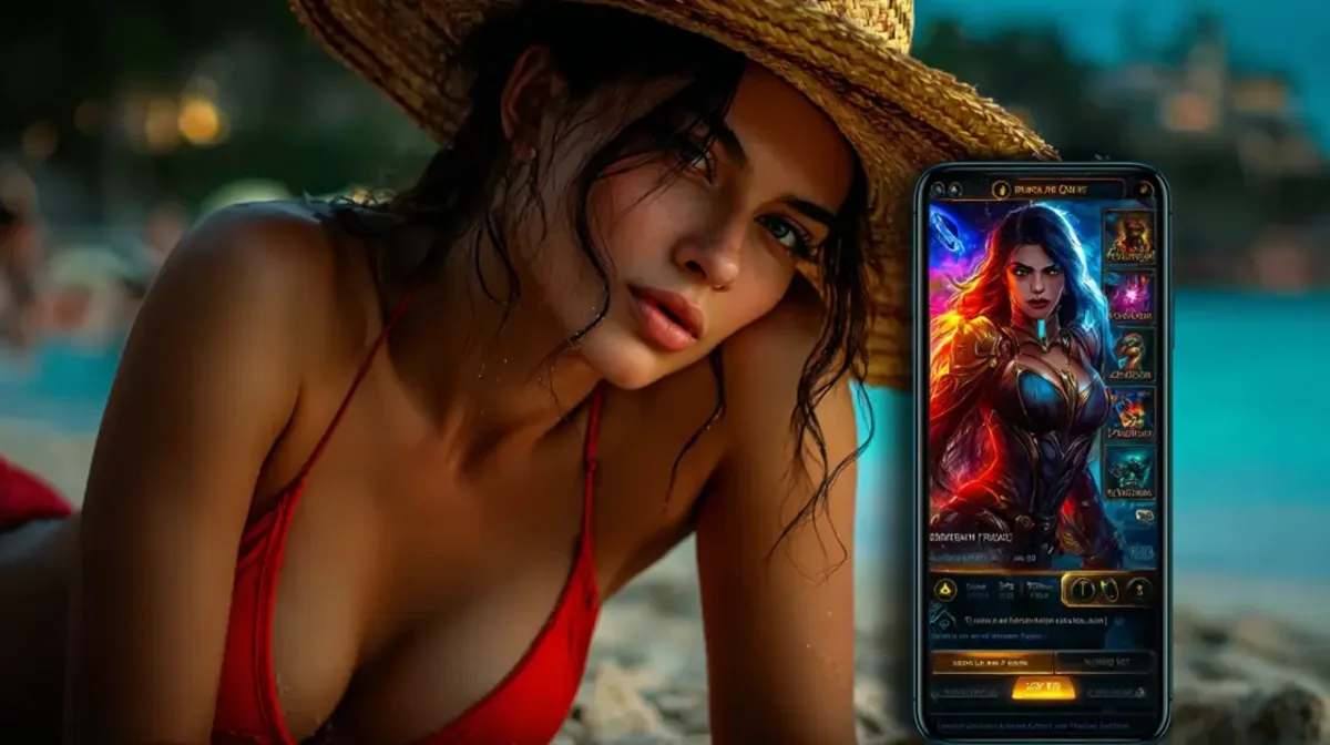 A beautiful woman in a red bikini and straw hat relaxes on a sandy beach. Next to her is a smartphone displaying a fantasy-themed mobile game with a female warrior character.