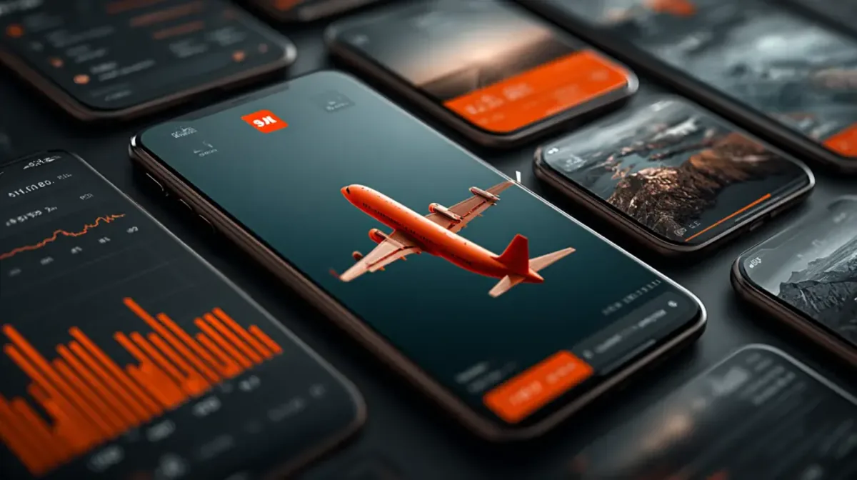 A collection of smartphones, each displaying the sleek, dark interface of a flight-themed Aviator app, featuring an orange airplane and financial-style graphs.