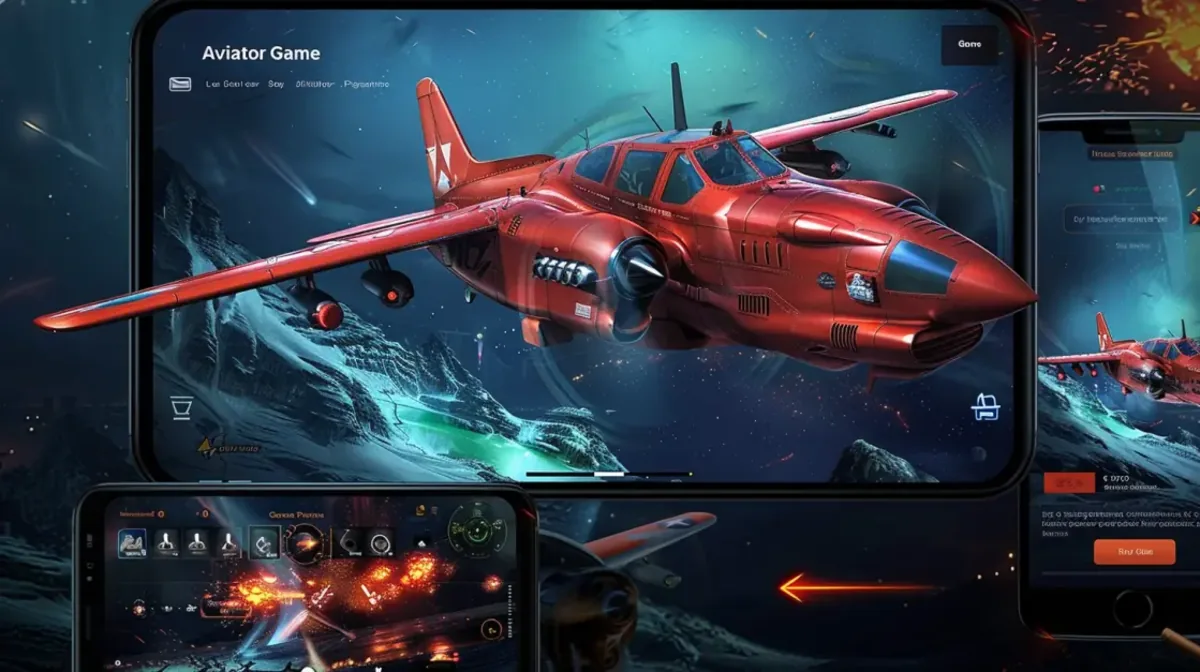 A promotion for the Aviator Game showcasing the game on a tablet and two smartphones. The screens feature a red jet flying over a dramatic, mountainous landscape.