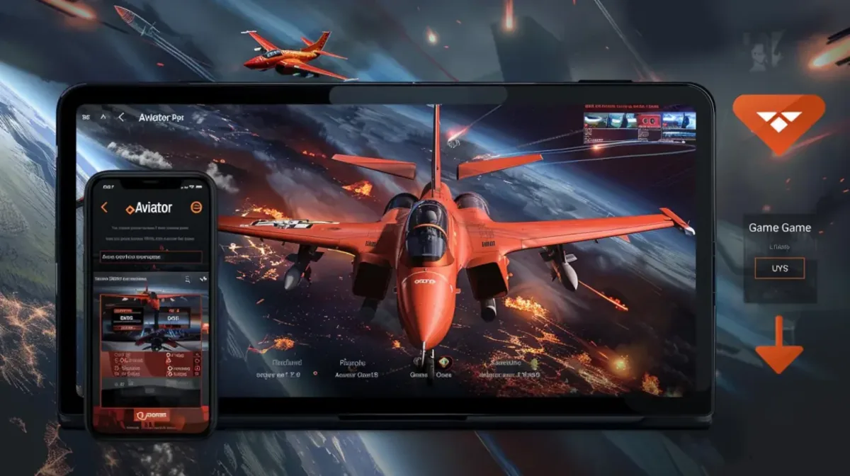 The Aviator game is displayed on a tablet and phone, showing a red plane against the backdrop of Earth from space, with city lights visible below.