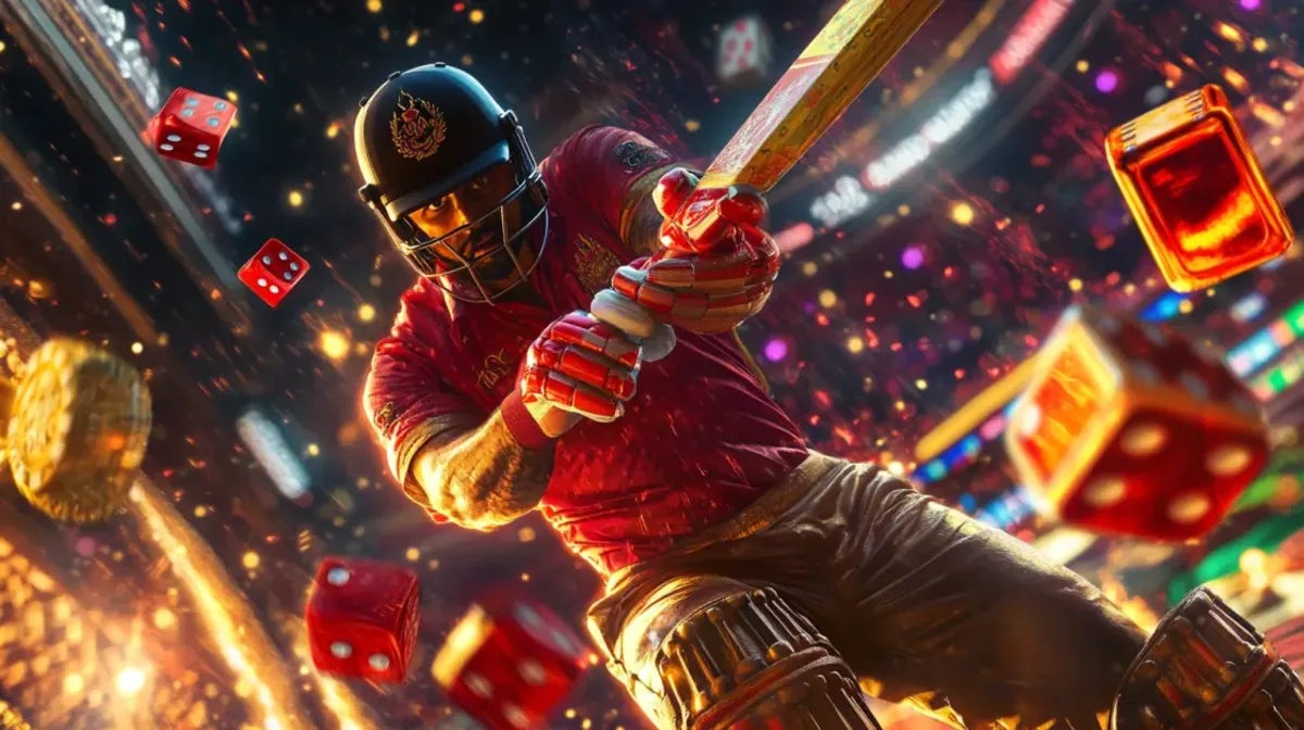A cricket batsman in full gear swings his bat in a dynamic action shot. The background is a chaotic and exciting blur of lights and falling red dice.