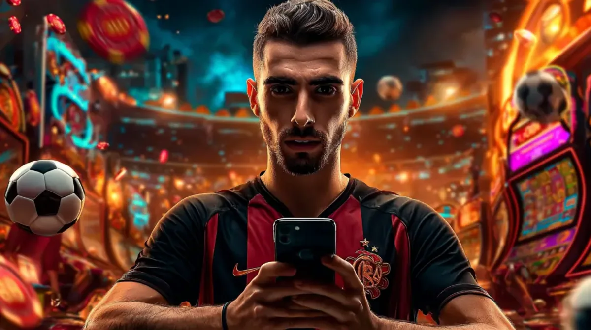 An intense male football player holds a mobile phone, ready to place a bet. The background is a dynamic fusion of a packed stadium and a neon-lit casino floor.