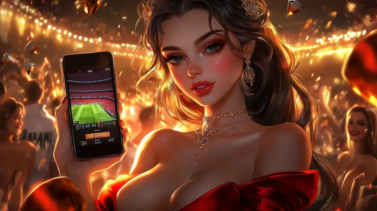 A beautiful woman holds a smartphone showing a live football match on a betting app, set against the backdrop of a lively, crowded event with warm lights.
