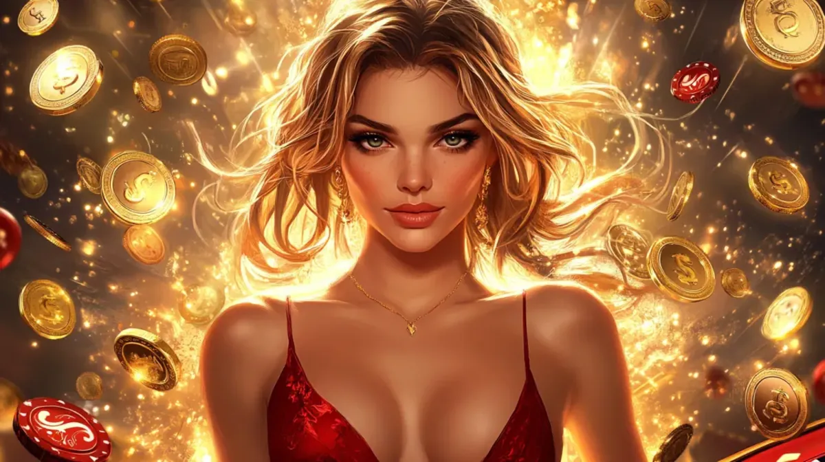 A beautiful blonde woman in a red dress is surrounded by a brilliant explosion of golden light. Gold coins and red poker chips rain down around her.