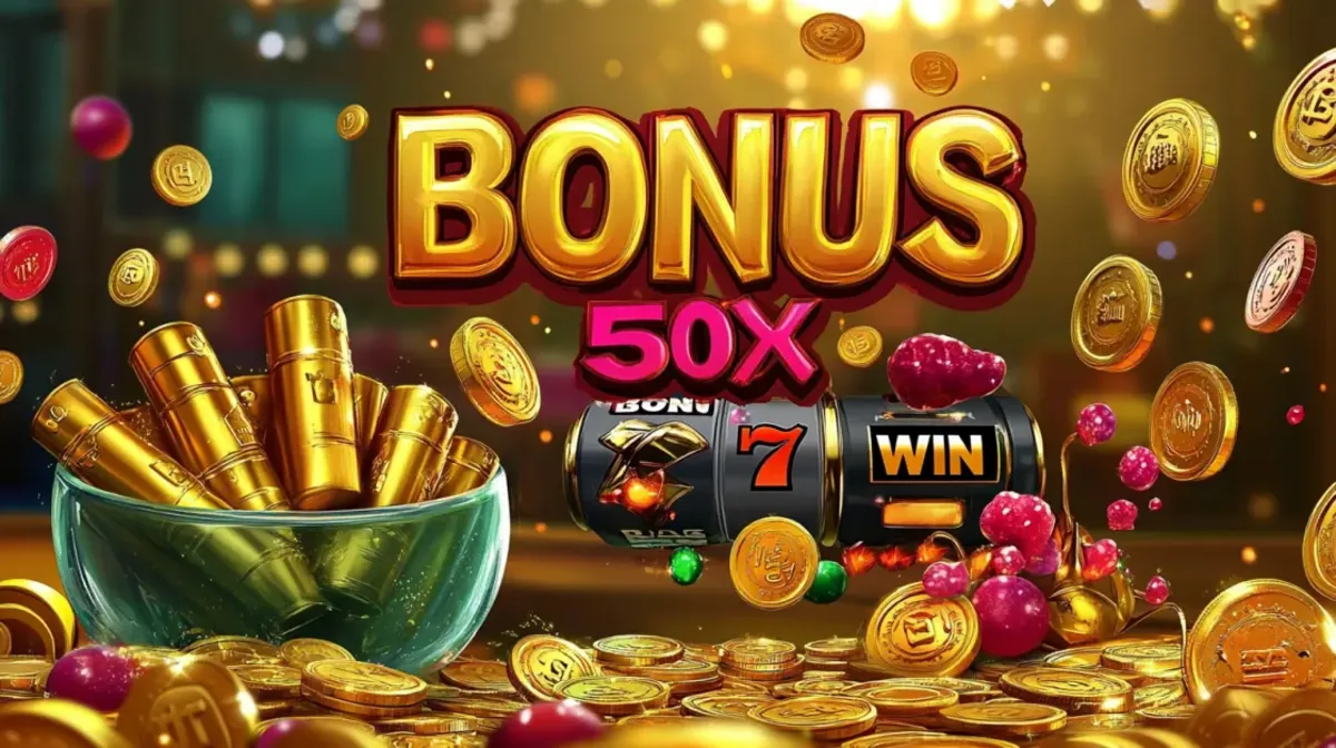 A slot machine displays a BONUS 50X WIN. The scene is a celebration with gold coins, a bowl of golden bullets, and colorful candies scattered around.