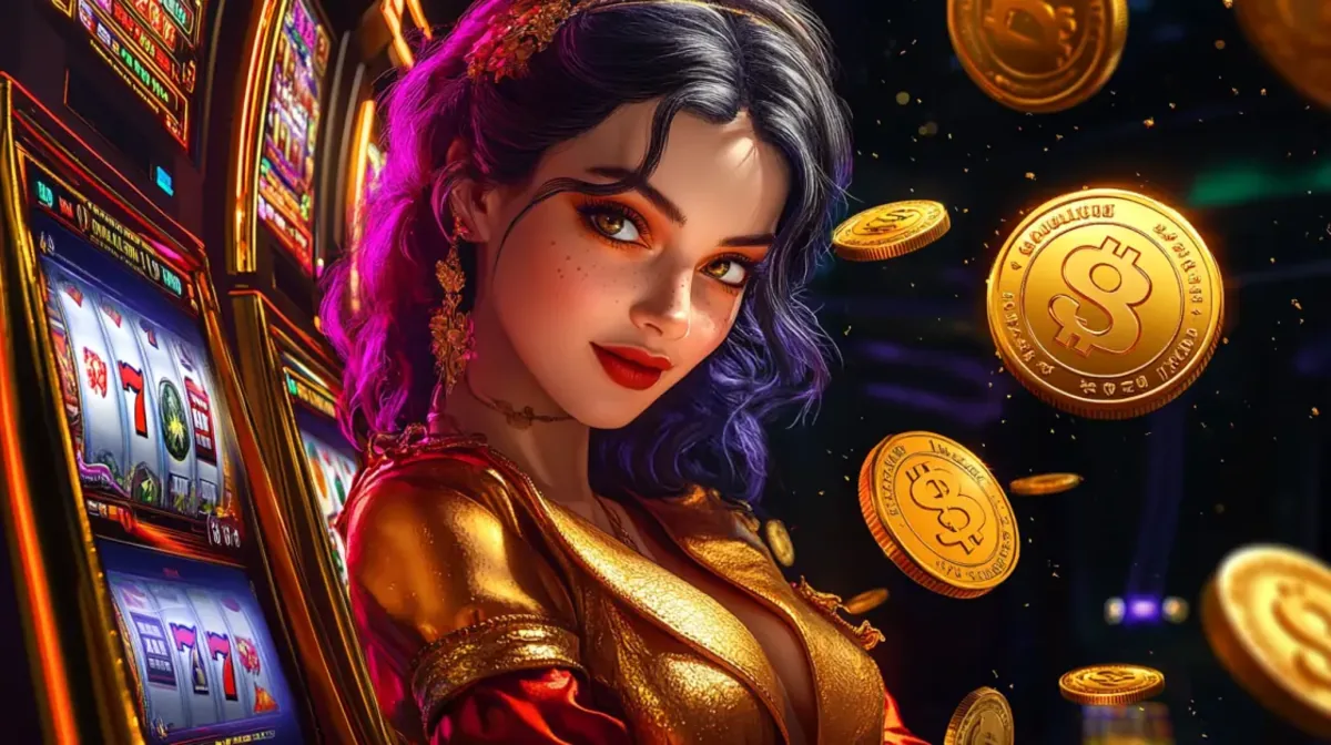 A beautiful woman with purple-streaked hair and striking makeup poses in a vibrant casino. Gold dollar coins fall around her, with slot machines in the background.
