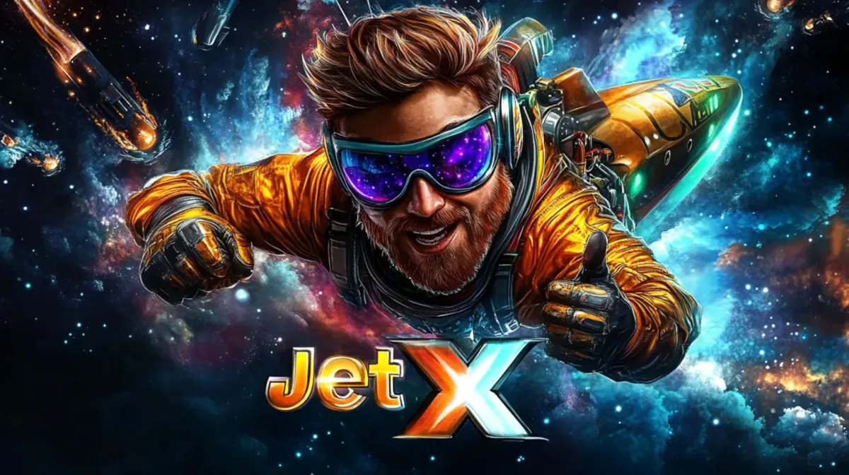 A bearded adventurer in a spacesuit and galaxy-reflecting goggles gives a thumbs-up while flying on a jetpack through a colorful nebula, promoting the JetX crash game.