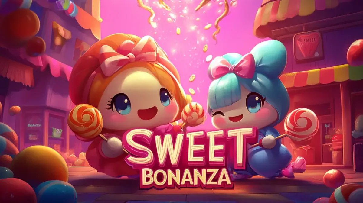 A promotional image for the SWEET BONANZA game featuring two adorable, chibi-style anime girls with lollipops, set in a whimsical pink candy town.