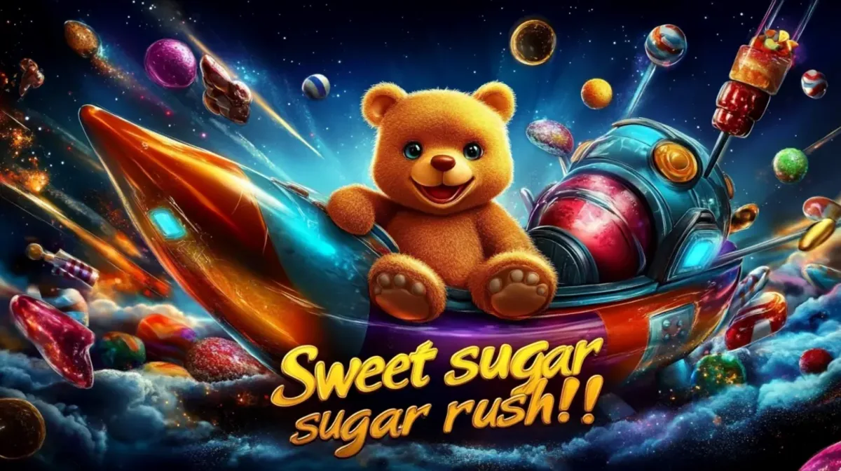 A cute teddy bear joyfully rides a rocket through a cosmic sky filled with clouds and colorful candies in this promotion for the Sweet sugar rush! game.