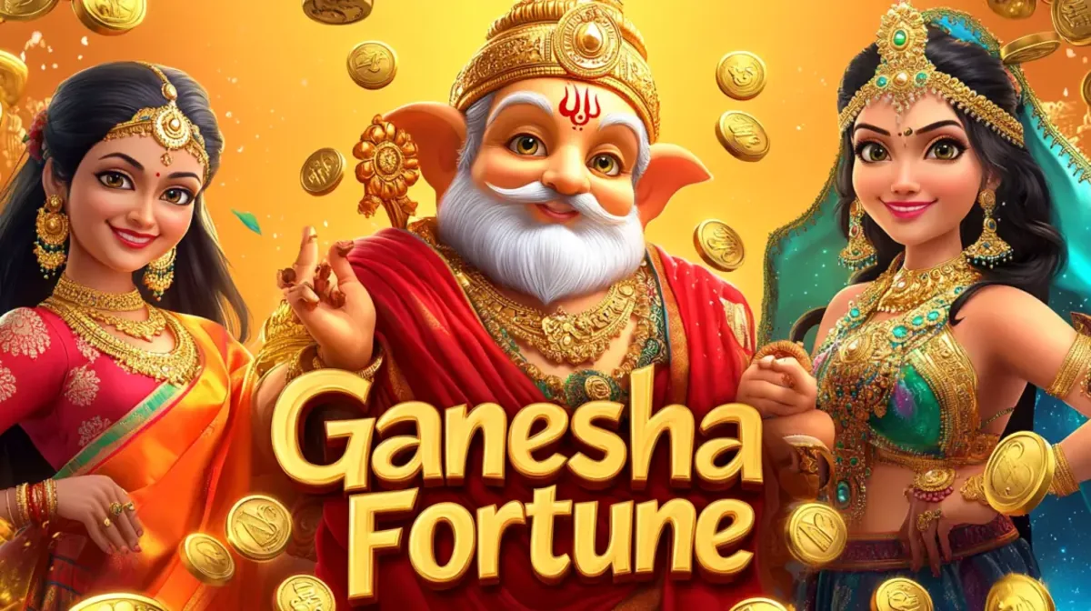 A promotional banner for the Ganesha Fortune slot game. It features a cheerful, cartoon-style Lord Ganesha in the center, flanked by two beautiful Indian women, with gold coins falling around them.