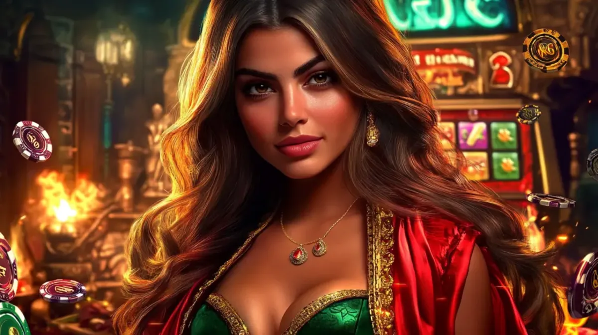 A beautiful woman with long, wavy hair and ornate jewelry is in a vibrant casino. She wears a red and green top, with slot machines and falling poker chips in the background.