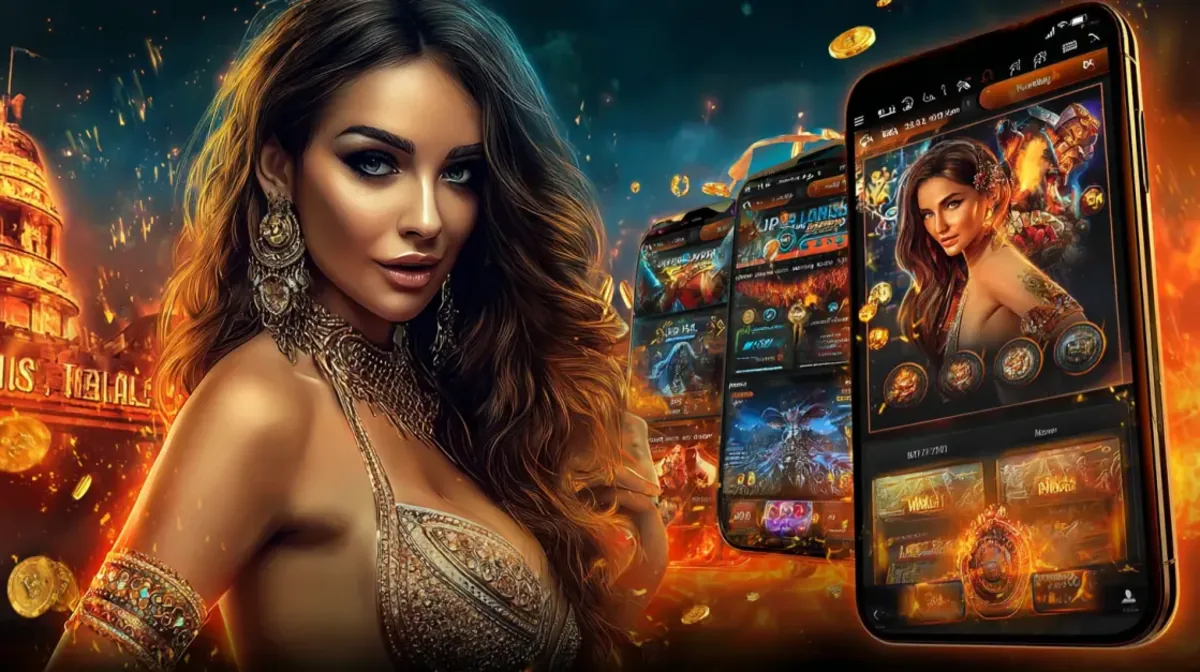 A beautiful woman in an ornate golden outfit stands in front of several smartphones displaying a collage of different fantasy game app screens, set against an epic background.