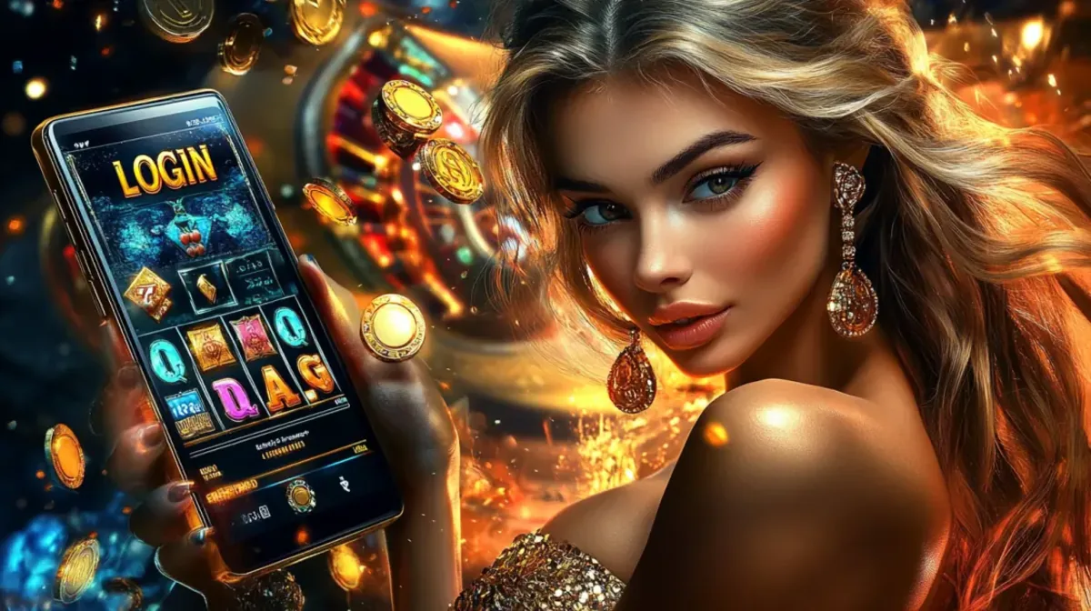 A glamorous blonde woman with sparkling earrings holds a smartphone with a LOGIN screen for a slot game. A roulette wheel and a shower of gold coins are in the background.