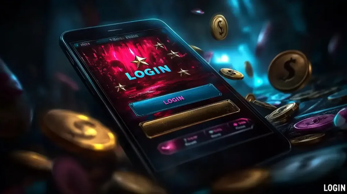 A smartphone rests on a surface amidst gold coins, displaying a dark, atmospheric LOGIN screen for a mobile gaming app with a star logo and a pink and blue color scheme.