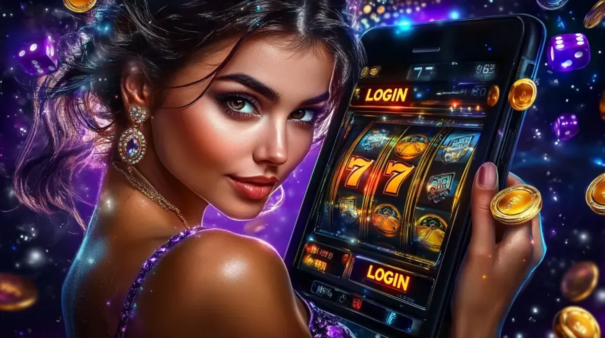 An elegant woman in a sparkling purple dress holds a tablet showing a LOGIN screen with a 777 slot game, set against a vibrant cosmic background with purple dice and coins.