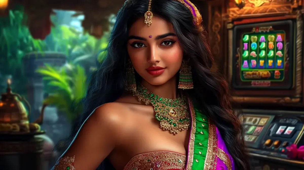 An elegant Indian woman in a beautiful green sari and traditional jewelry stands in a lush, ornate setting with a slot machine visible in the background.