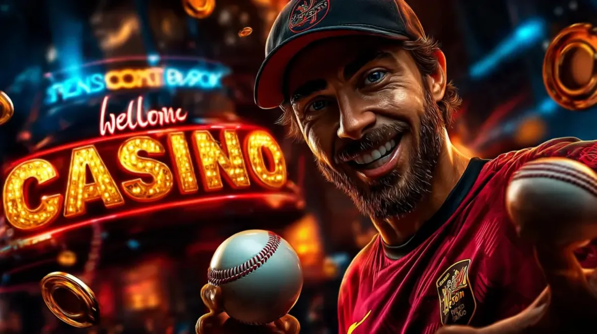 A happy, bearded man in a baseball cap and red jersey holds a baseball in a neon-lit casino. A large, glowing Welcome CASINO sign is visible in the background.