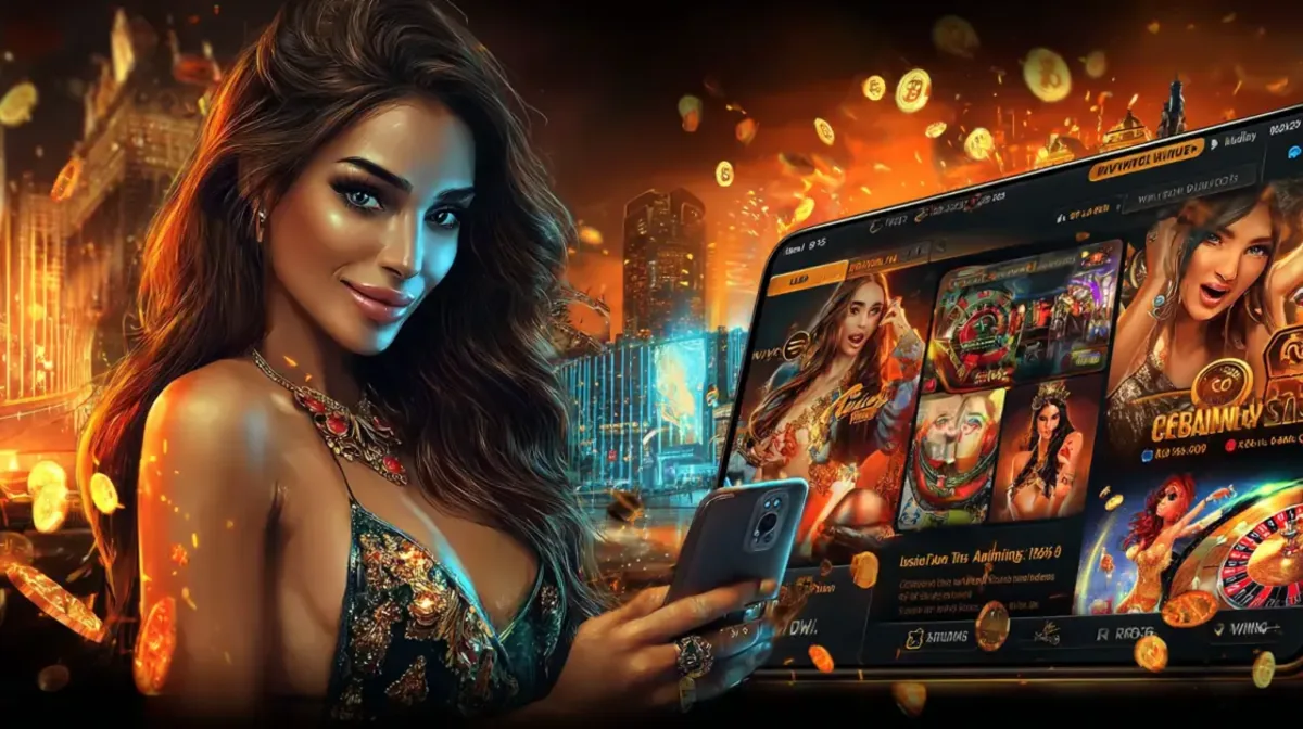 A smiling woman enjoys playing games on her laptop, which displays a vibrant game lobby. A smartphone with another game screen is also visible.