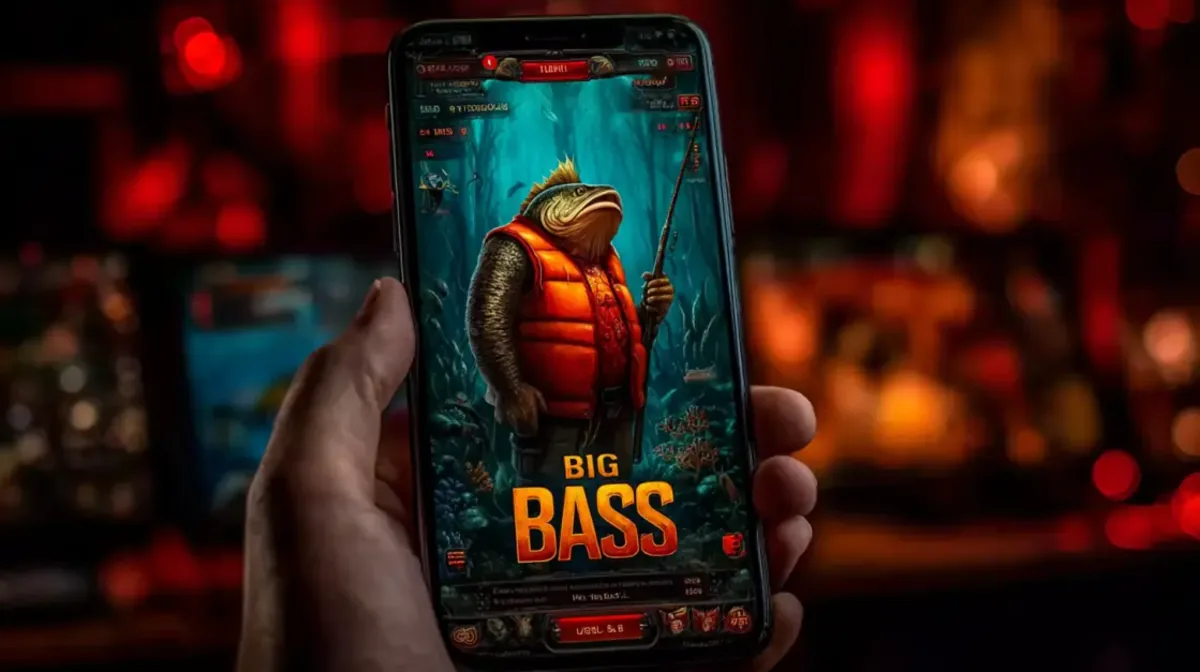 A hand holds a smartphone showcasing the BIG BASS game. The screen features the game's anthropomorphic fish mascot in an orange vest, holding a fishing rod.