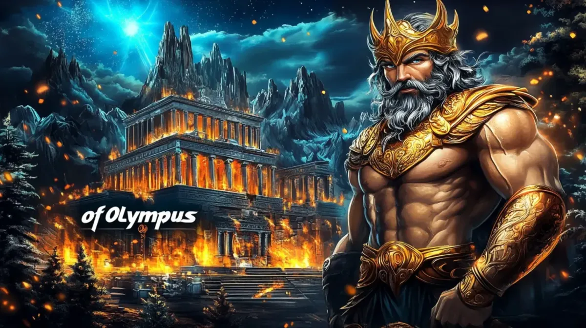 A powerful, muscular Zeus with a long white beard and golden armor stands before a massive, burning ancient temple under a stormy sky, promoting a game about Olympus.