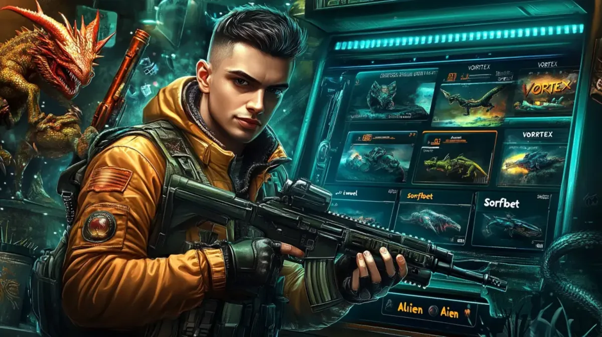 A handsome young man in tactical gear holds a rifle while standing in front of a futuristic, high-tech game selection screen featuring dragons and other mythical creatures.